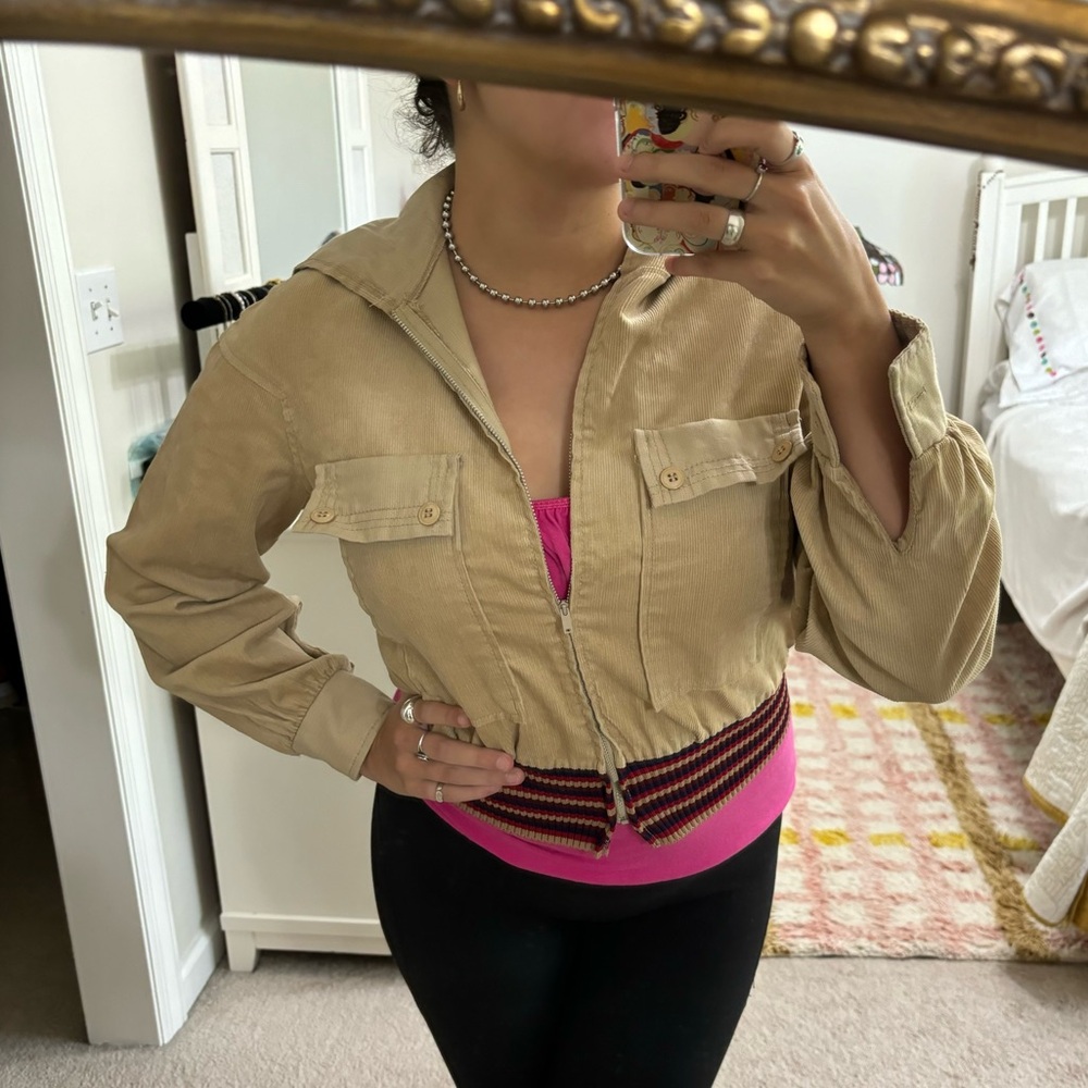 Vintage 70s Cropped Jacket XS Striped Ribbed Hooded Pockets Union Tag Waistband